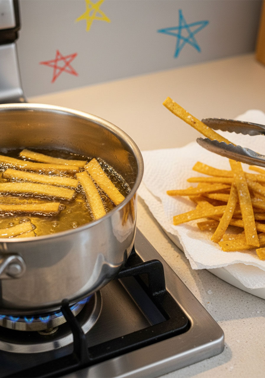 Thin corn tortilla strips frying in hot avocado oil in a saucepan to make crispy homemade tortilla strips for vegan soup topping