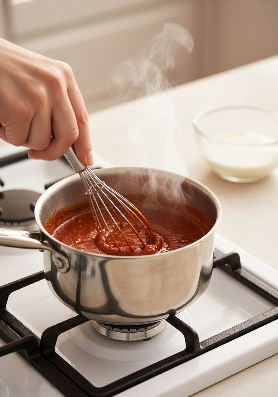 Homemade gochujang sauce with soy sauce honey sesame oil and garlic bubbling and thickening in a small saucepan on the stovetop
