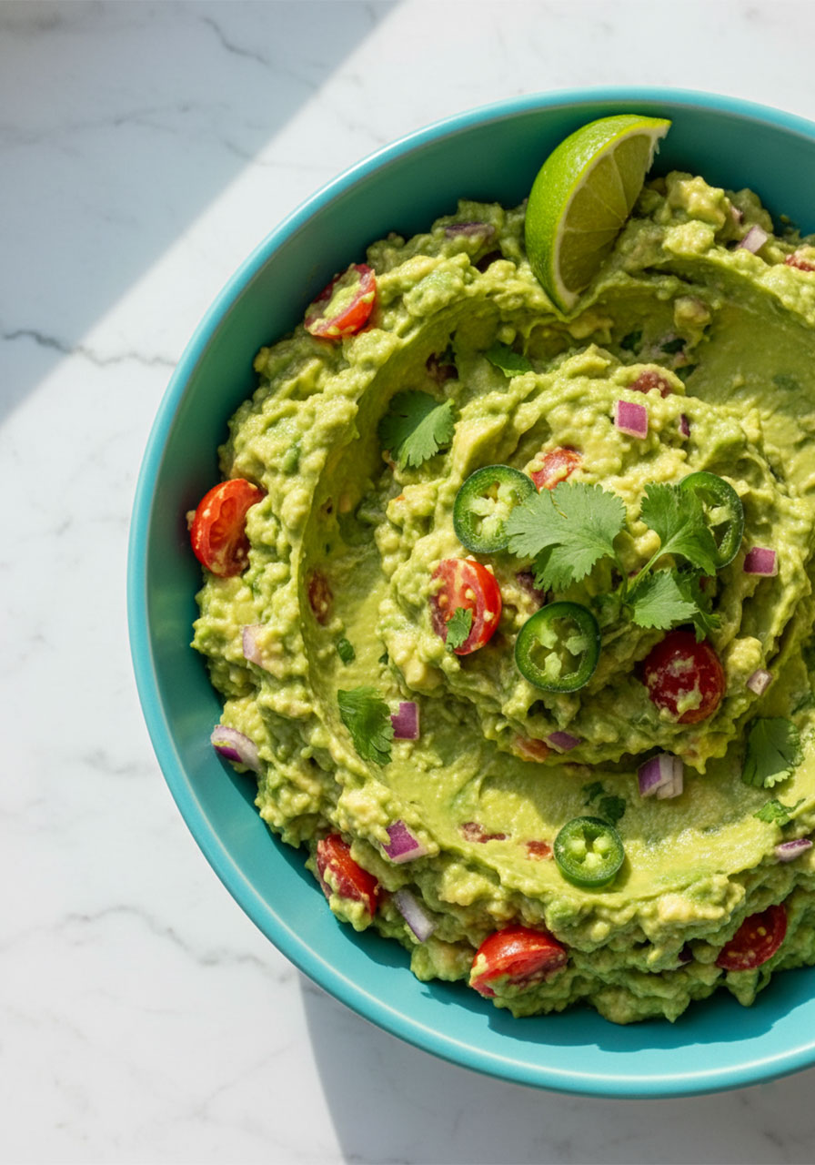 Chunky homemade guacamole in a turquoise bowl for serving with vegan taquitos