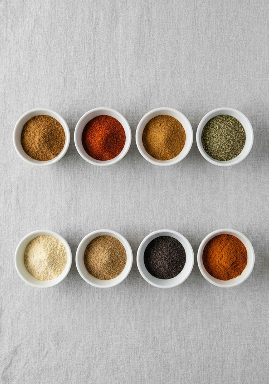 Eight-spice homemade gyros seasoning blend ingredients laid out flat — coriander, cumin, paprika, garlic powder, oregano, cinnamon, cloves, chili powder