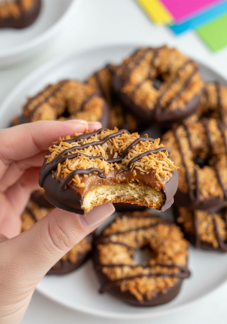 Close-up of vegan Samoa cookie with bite showing almond flour shortbread, date caramel, toasted coconut, and dark chocolate layers