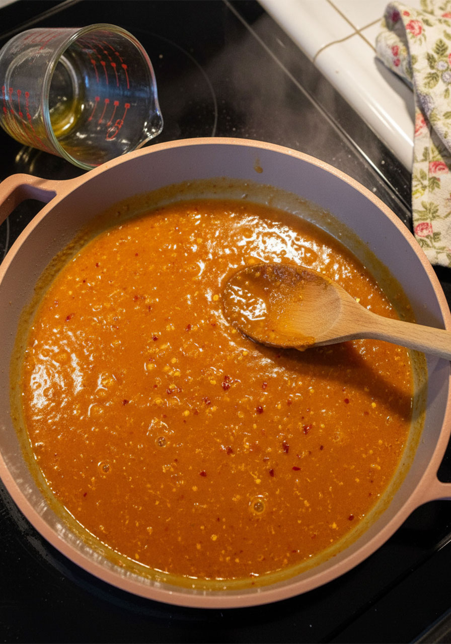 Homemade sticky orange sauce simmering in a skillet with garlic, ginger and red pepper flakes for vegan orange tofu