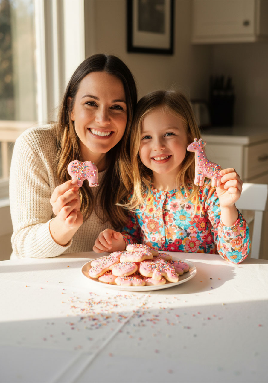 Mom and daughter enjoying homemade vegan frosted animal crackers together as a fun dairy-free baking activity