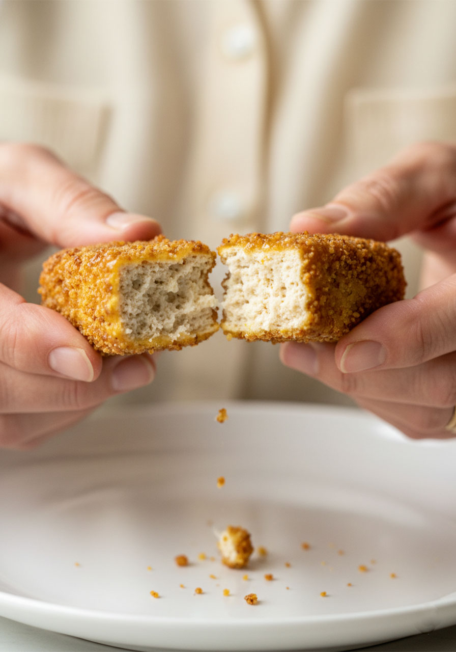 Close-up of honey mustard tofu tender broken in half showing crispy golden panko exterior and soft tofu interior