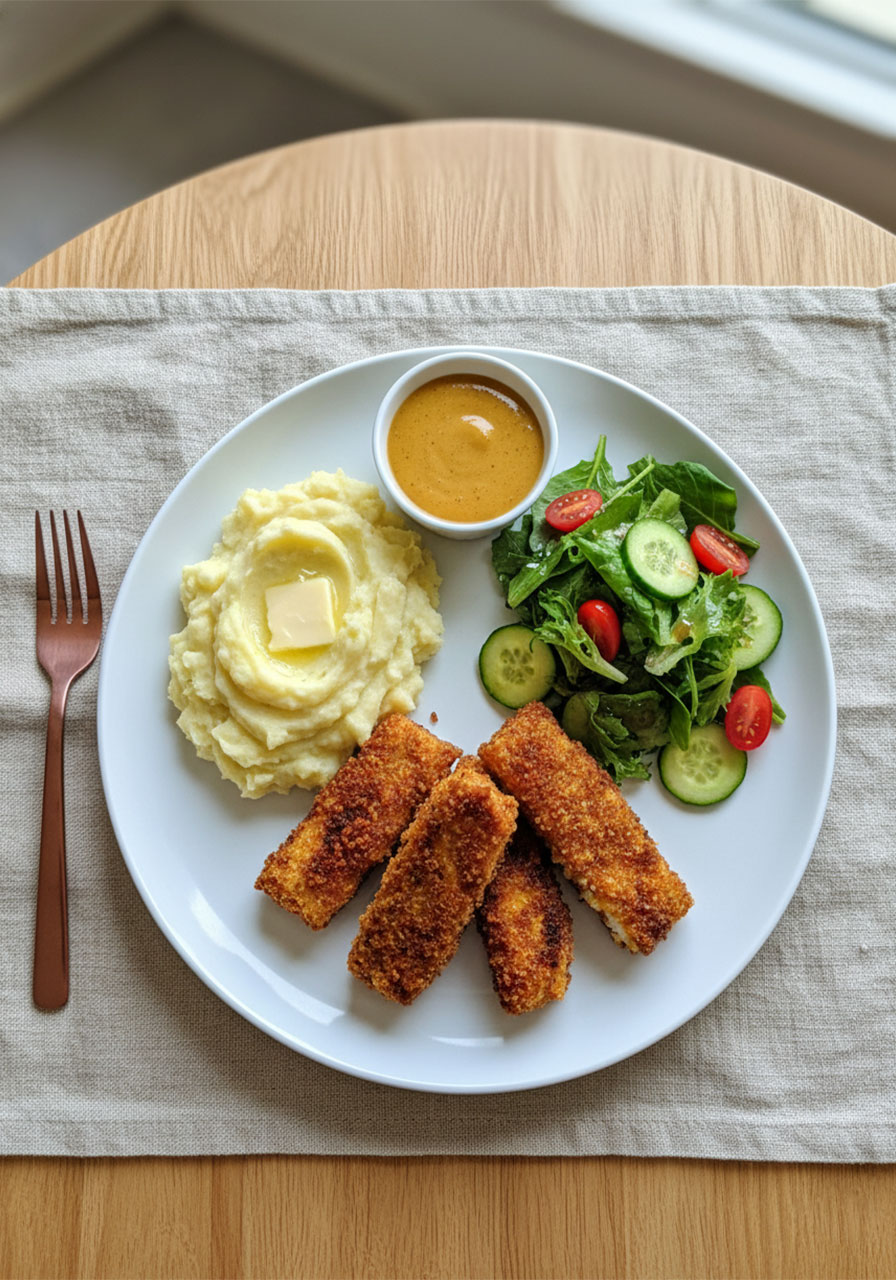 Complete high-protein vegan dinner plate with honey mustard tofu tenders, mashed potatoes, and garden salad