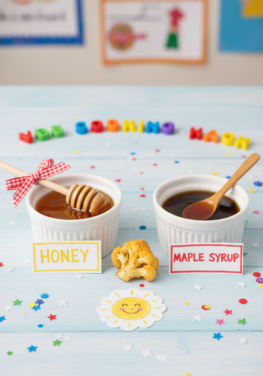 Honey versus maple syrup vegan substitution for sticky sesame cauliflower recipe showing both options side by side