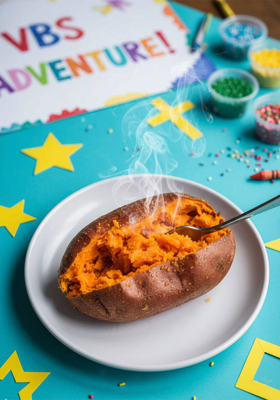 A perfectly baked sweet potato split open showing fluffy orange interior being fluffed with a fork on a white plate