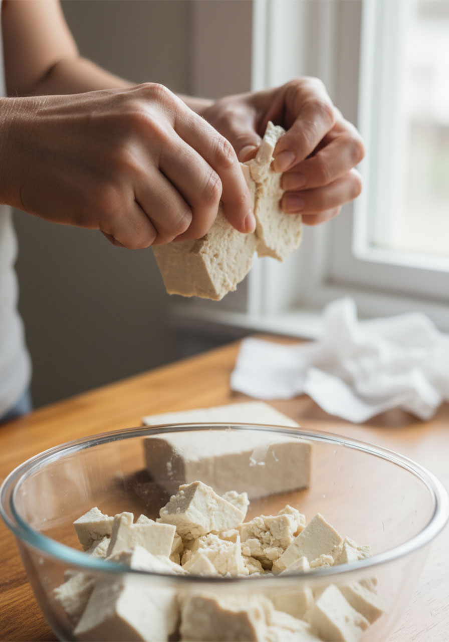Hands tearing firm tofu into rough 1-inch nuggets over a glass bowl to create crispy textured edges for vegan orange tofu