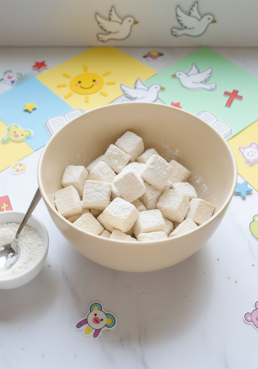 Tofu cubes being tossed with cornstarch in a mixing bowl as the first step for crispy cashew tofu lettuce wraps