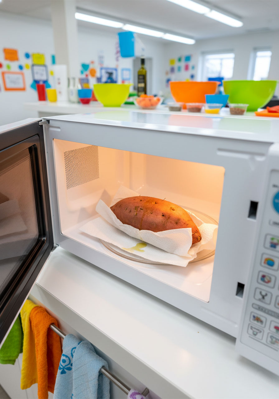 Woman placing fork-poked sweet potato wrapped in paper towels into microwave to cook quickly for quesadilla filling