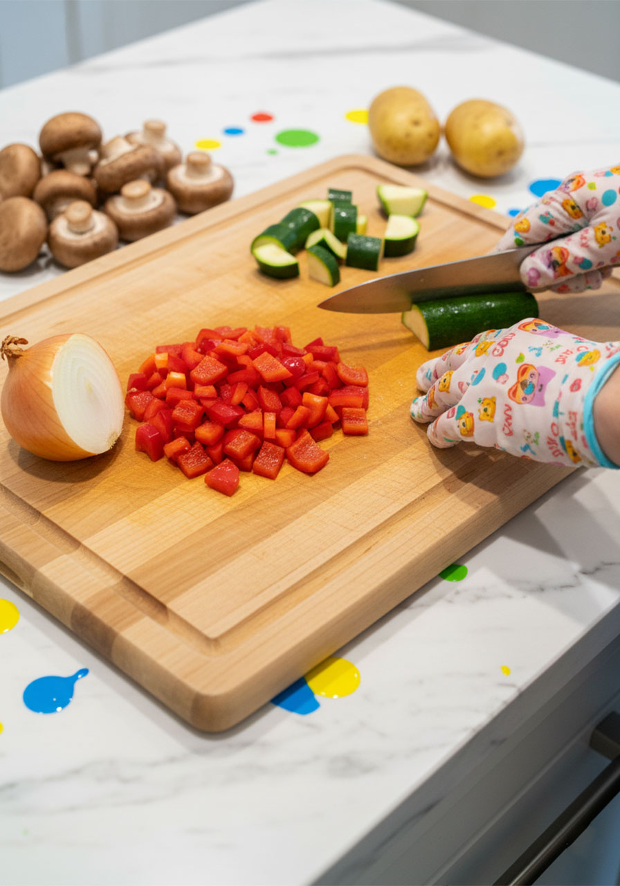Dicing fresh vegetables including onion, red pepper, zucchini, and potatoes for vegan breakfast hash