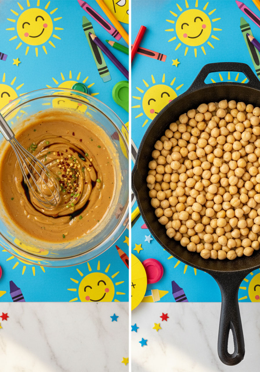 Step-by-step process showing Thai peanut sauce in glass bowl and drained chickpeas in cast iron skillet