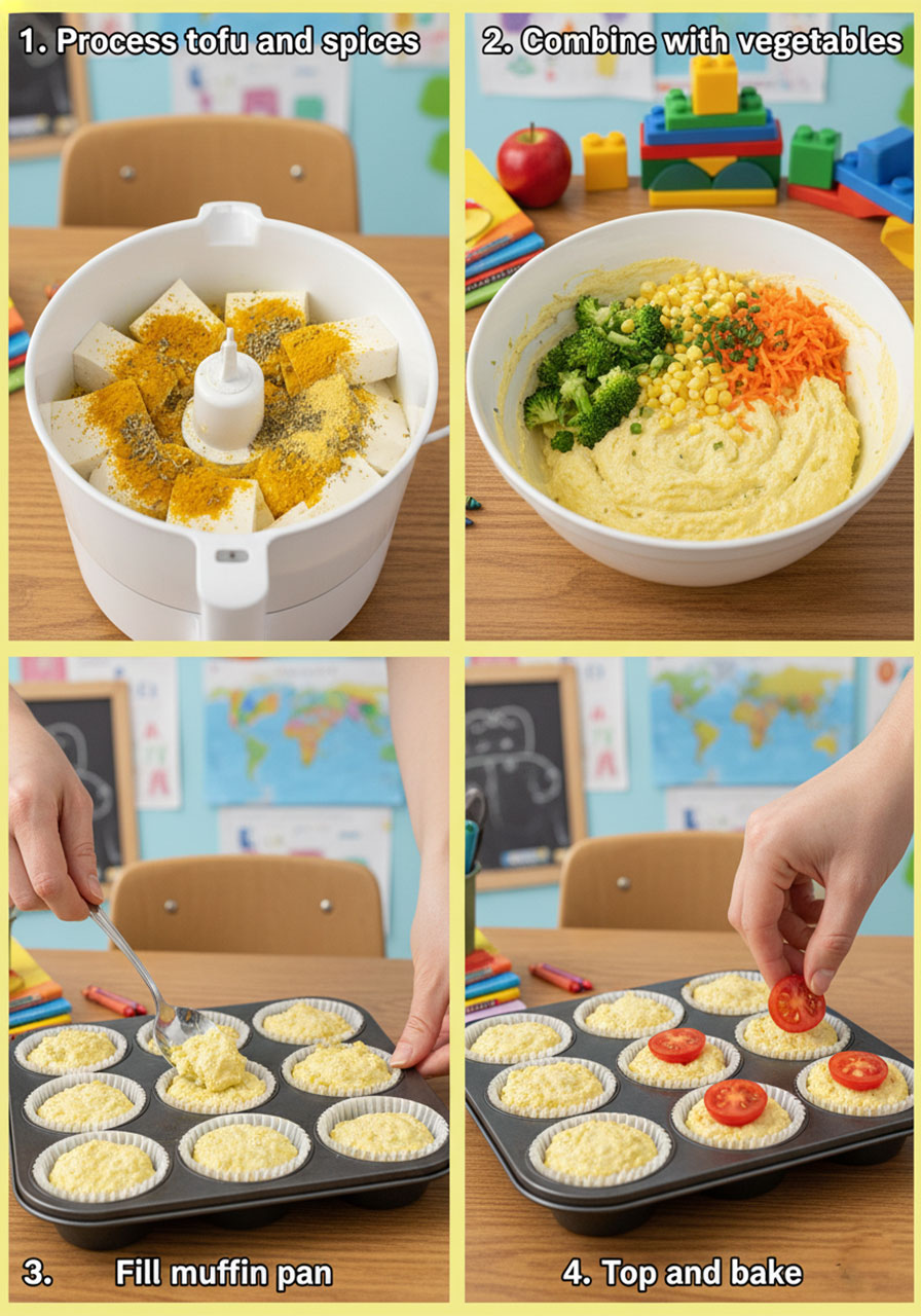 Step-by-step process of making vegan egg bites: blending tofu, mixing vegetables, filling muffin pan, and adding tomato topping