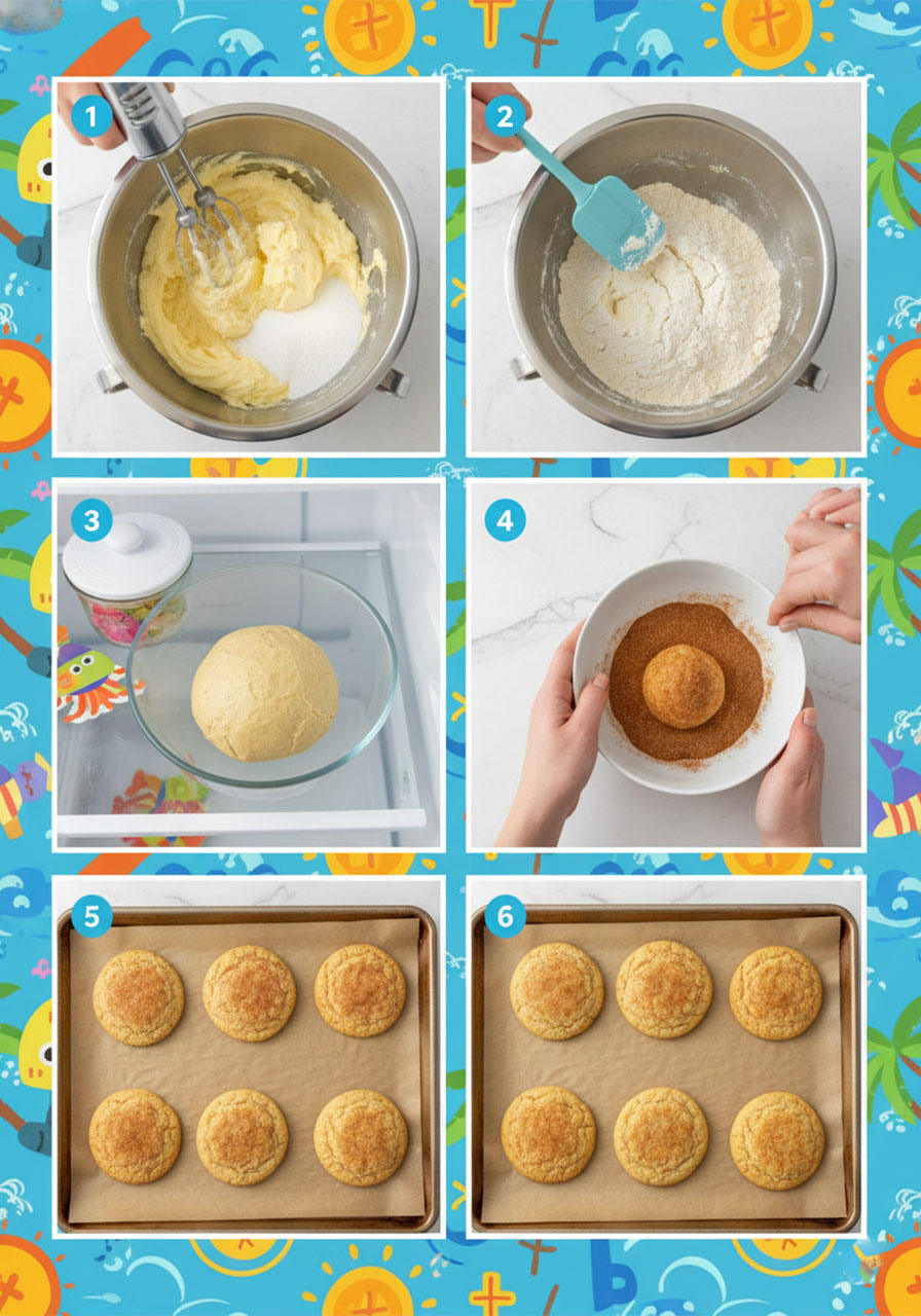 Step-by-step photo collage showing how to make gluten free vegan snickerdoodles from creaming butter to finished baked cookies