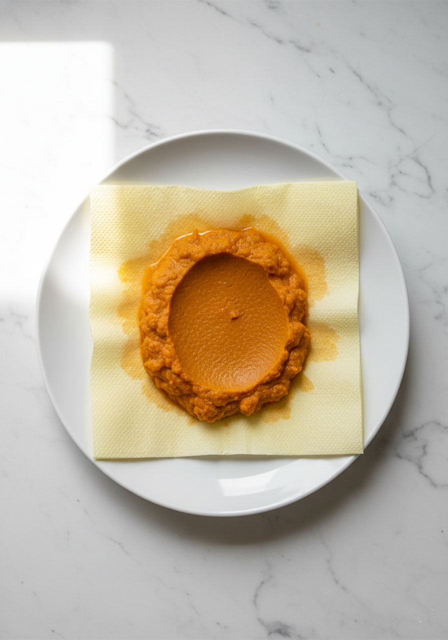 Pumpkin puree being patted dry on a paper towel on a white plate, step one for making vegan pumpkin cookies