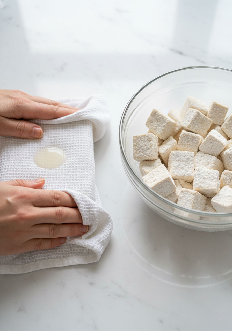 Step-by-step tofu prep showing pressing tofu in a towel on the left and cubed tofu coated in cornstarch in a bowl on the right