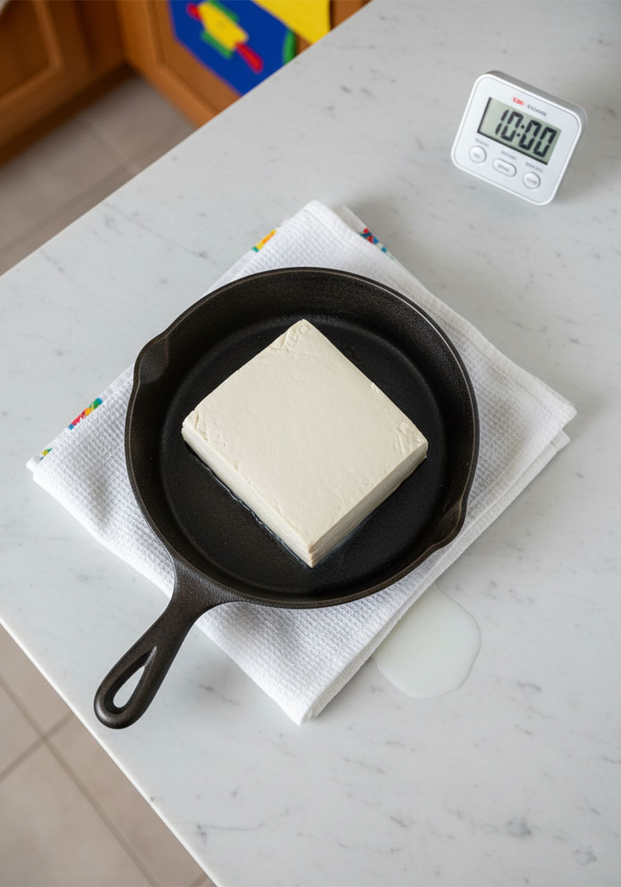 How to press extra firm tofu using a kitchen towel and heavy skillet – step-by-step tofu preparation