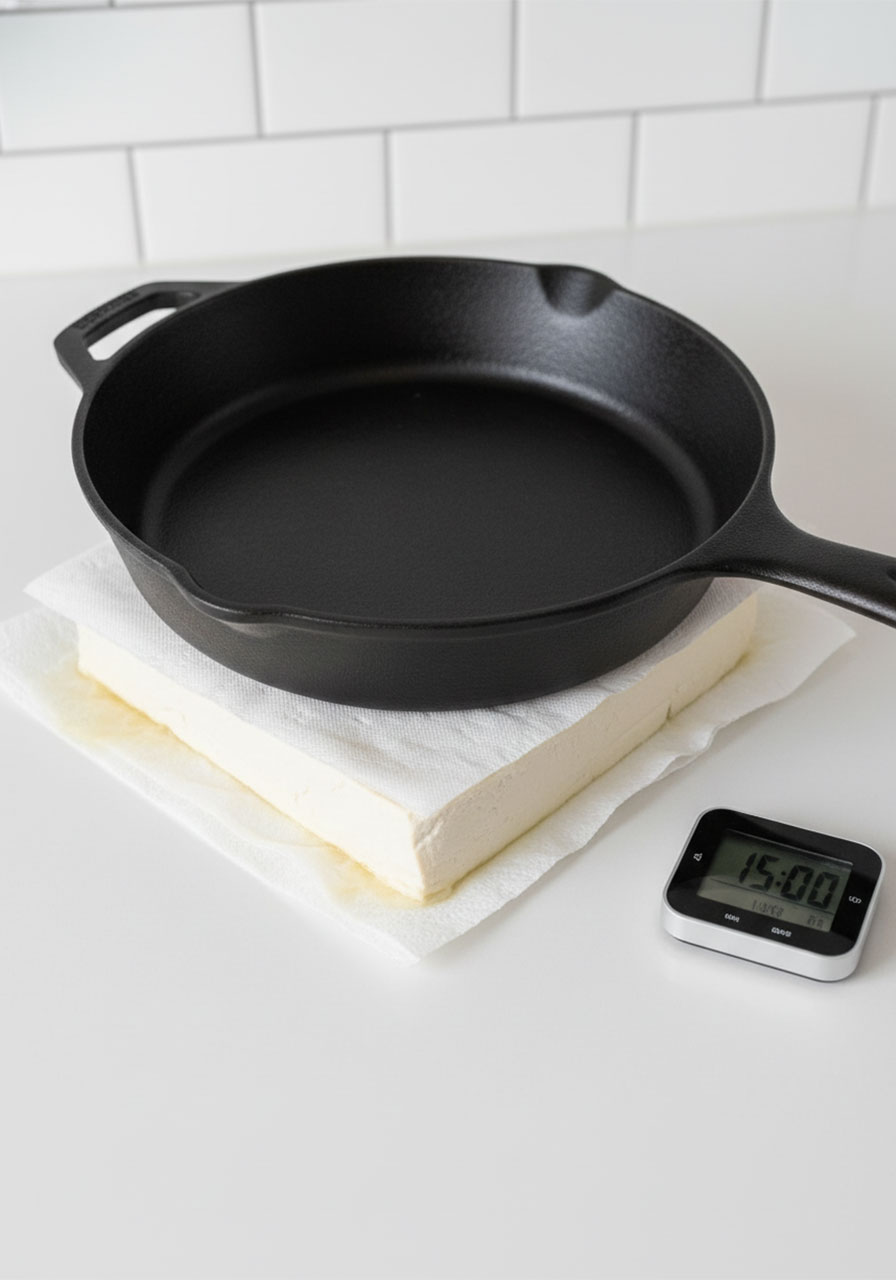 Pressing extra-firm tofu between paper towels with cast iron weight to remove moisture before making vegan omelette