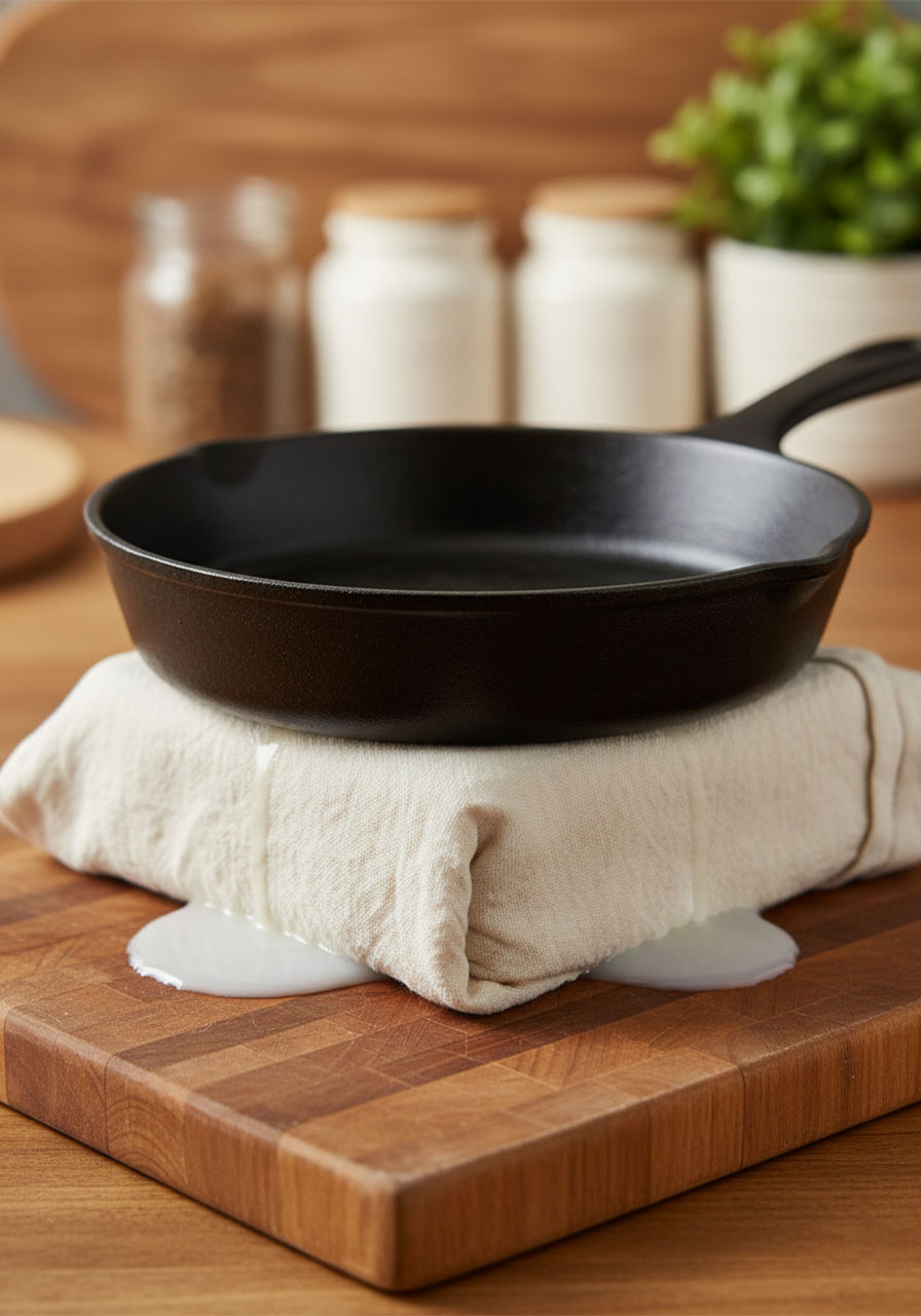 Pressing firm tofu block under cast iron pan wrapped in kitchen towel to remove moisture before stir-frying