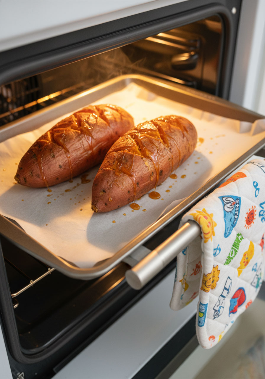 Two sweet potatoes roasting on a parchment-lined baking sheet in the oven with caramelized juices oozing out, showing how to roast sweet potatoes for a breakfast bowl