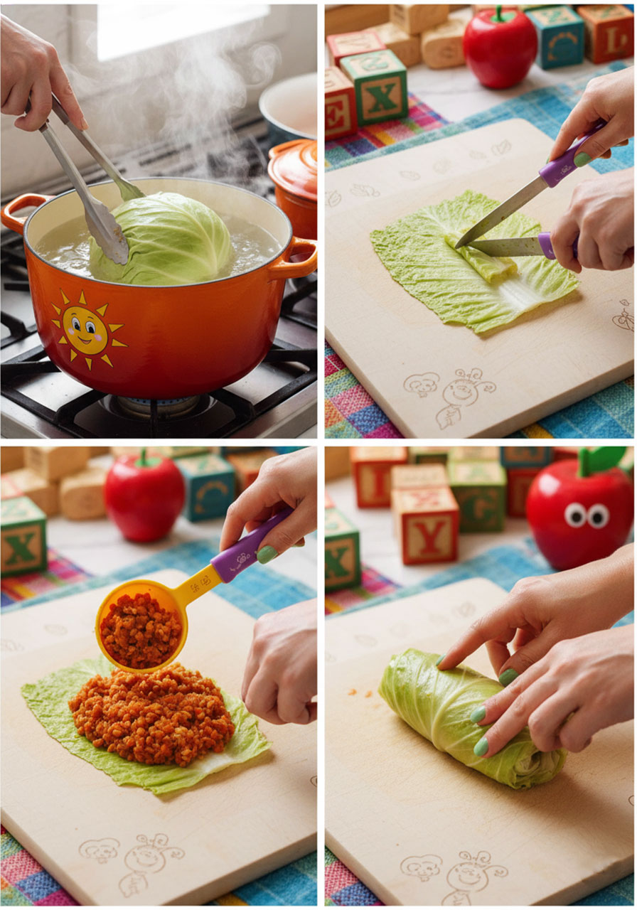 Step-by-step photos showing how to blanch cabbage leaves, trim the rib, add filling, and roll vegetarian cabbage rolls