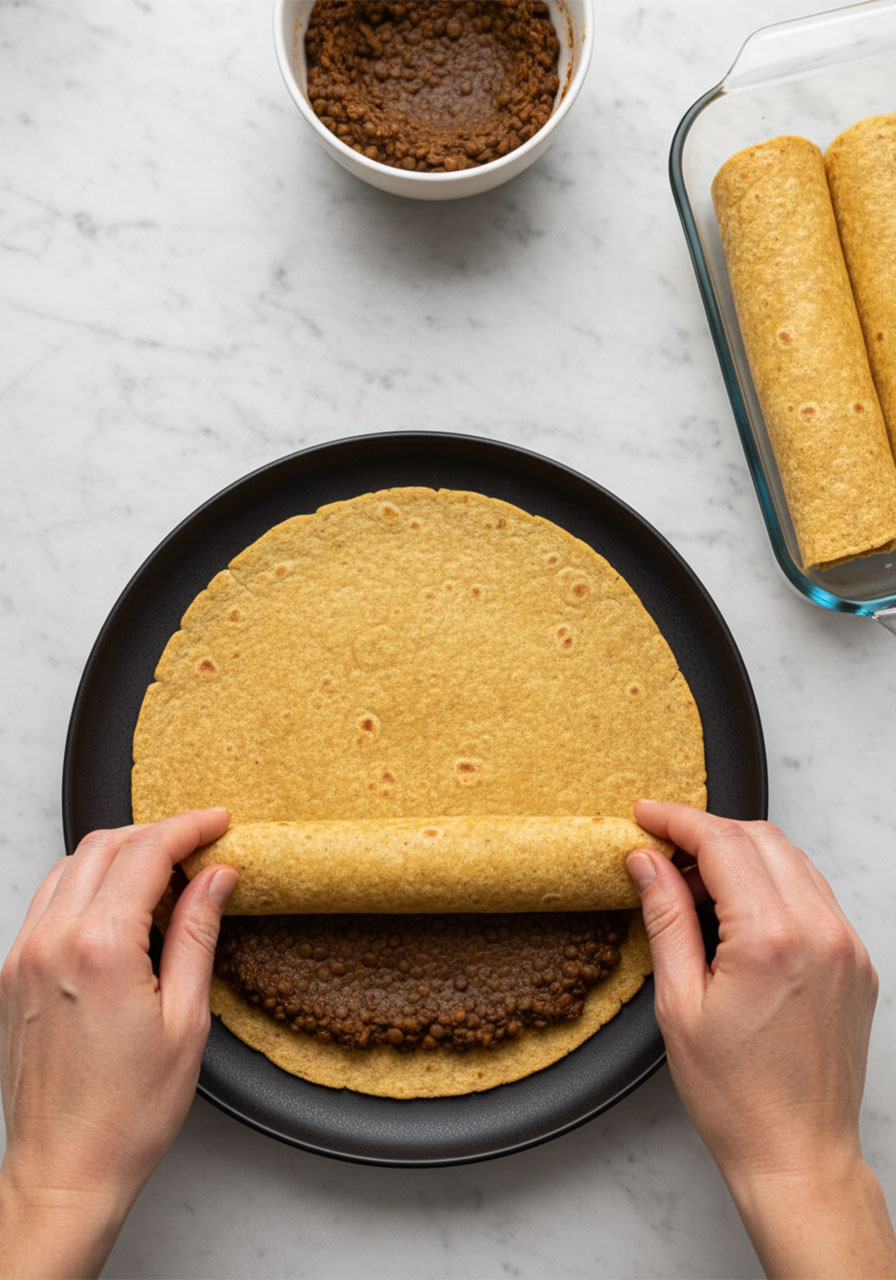 Woman's hands rolling a vegan lentil enchilada tortilla over protein-rich filling on ceramic plate
