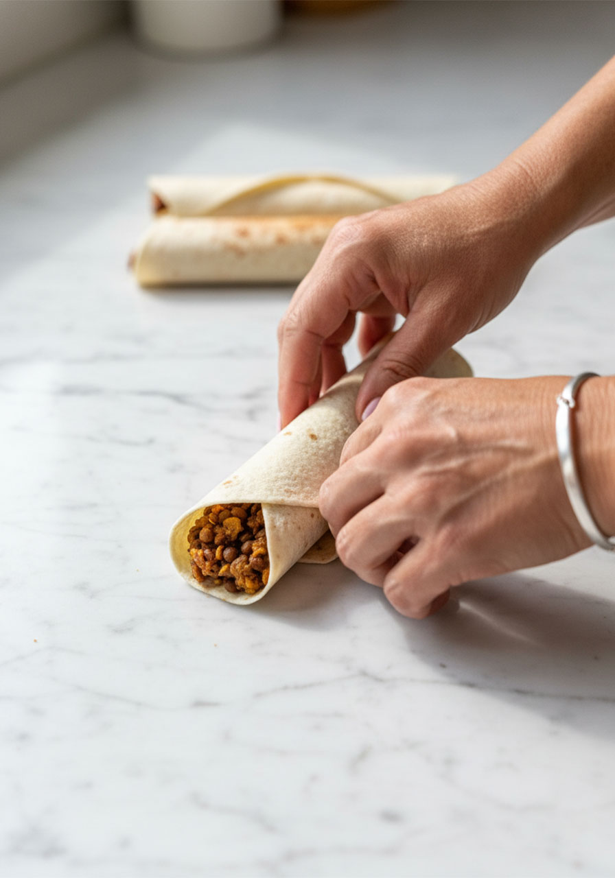 Hands rolling a flour tortilla tightly around lentil filling to make vegan taquitos