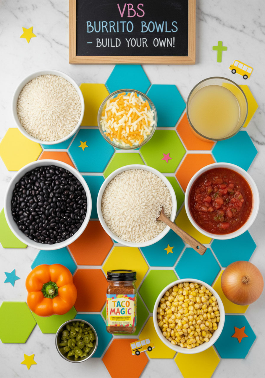 Eight pantry ingredients for vegan Instant Pot burrito bowls including black beans, jasmine rice, corn, salsa, and taco seasoning laid out on marble surface