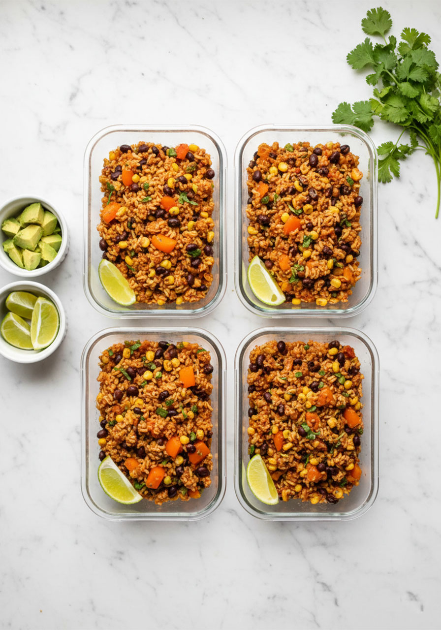 Four glass meal prep containers filled with vegan burrito bowl rice, beans, and corn portions for the week