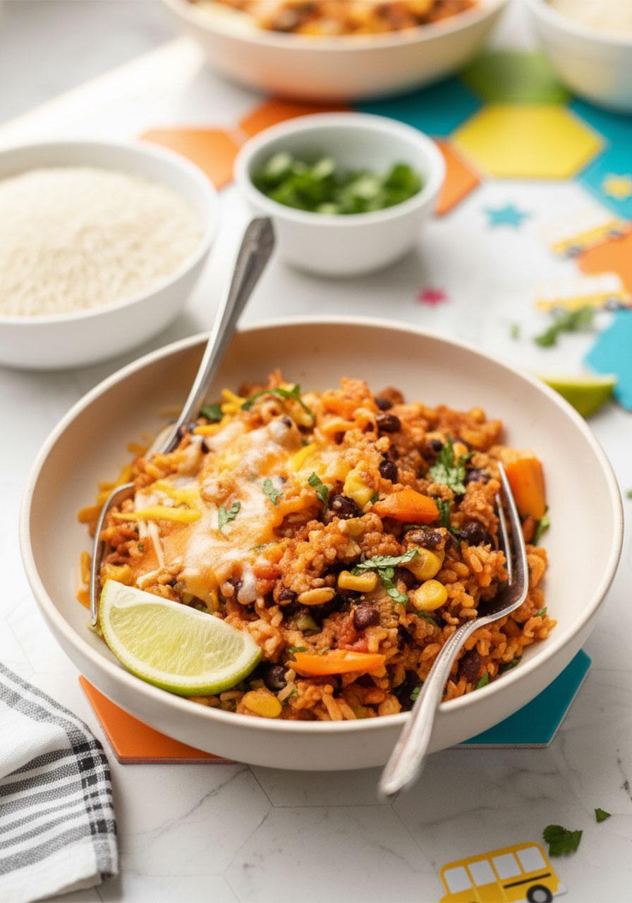 Close-up of vegan burrito bowl with melted shredded vegan cheese blending into taco-seasoned rice and black beans