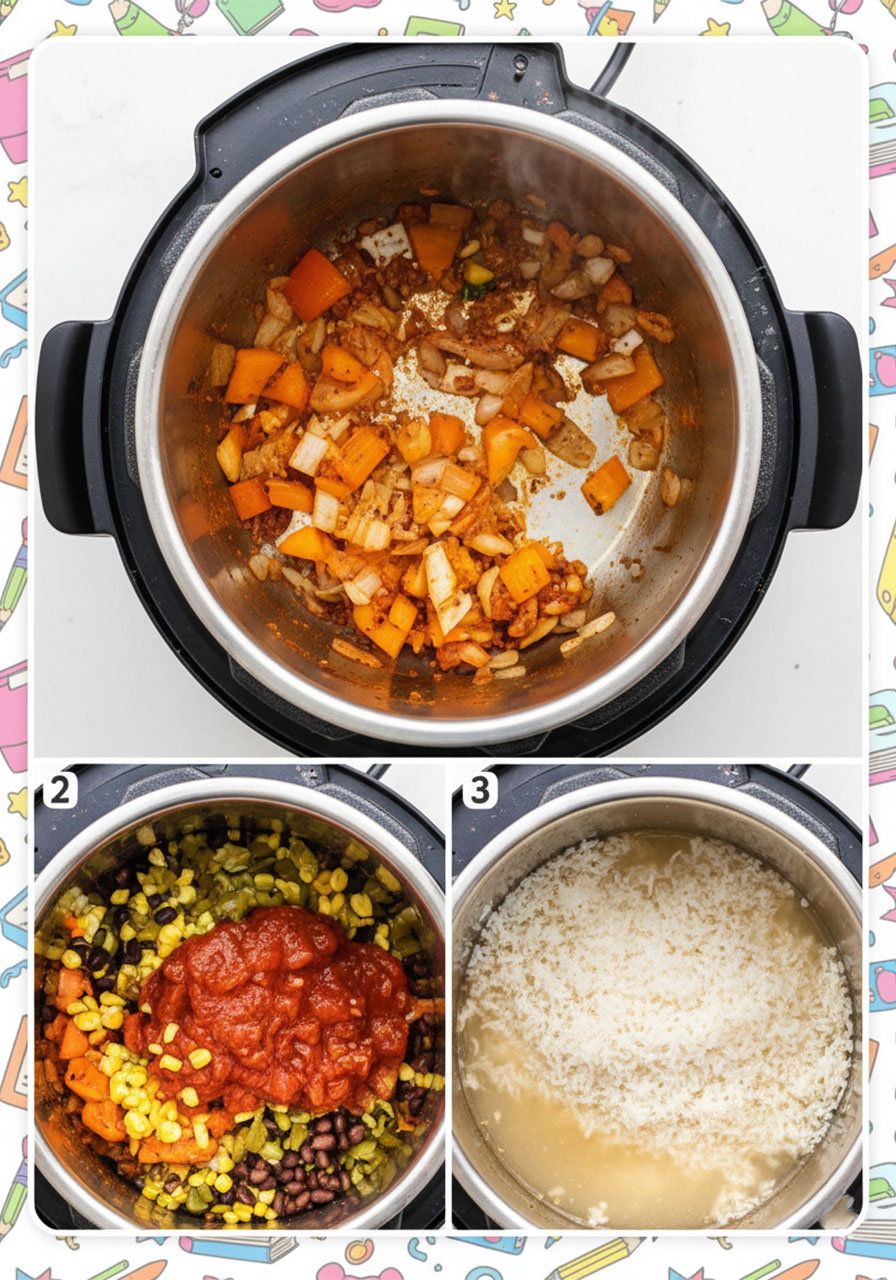 Three-step process showing sautéed vegetables, layered ingredients with salsa, and dry rice added on top inside an Instant Pot inner pot