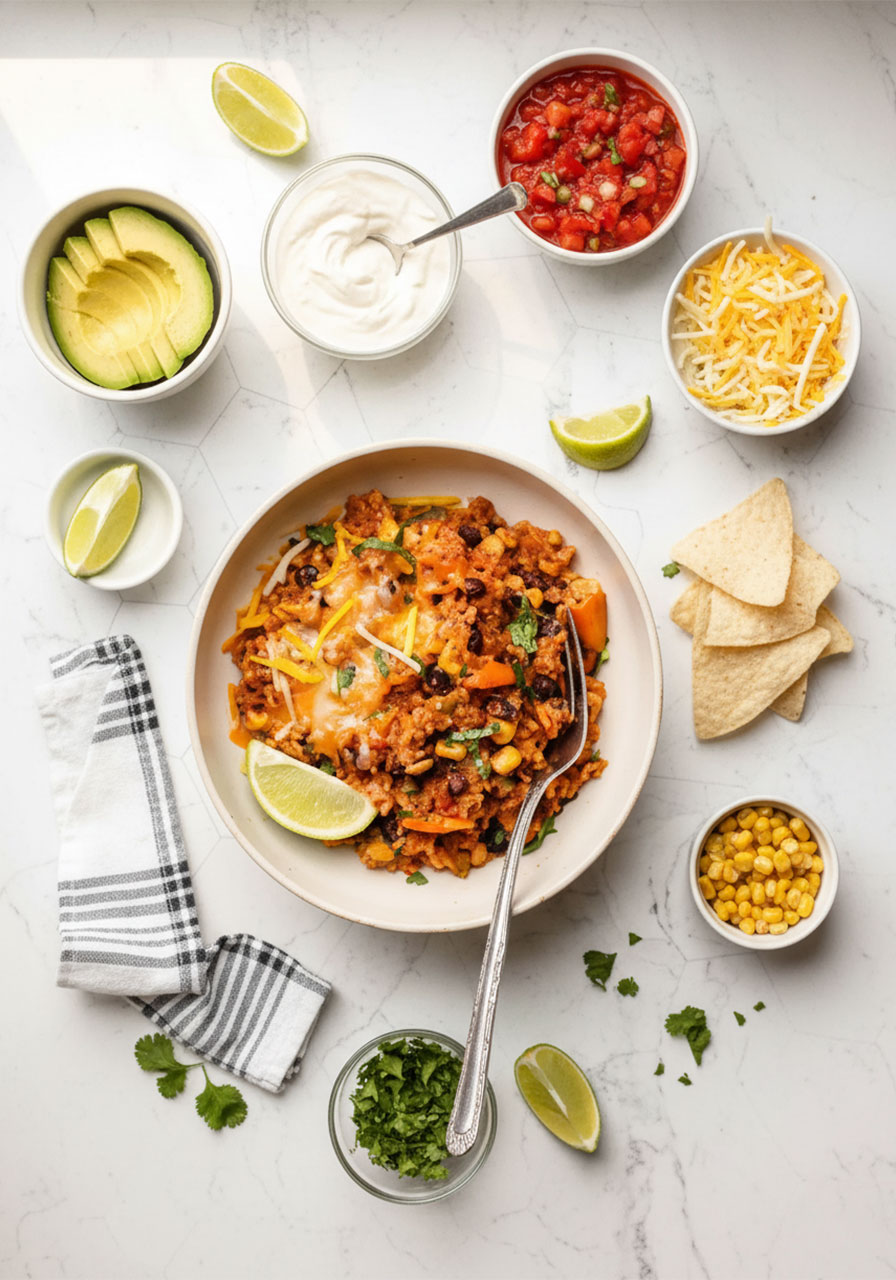 Vegan burrito bowl topping bar spread with avocado, vegan sour cream, salsa, cheese, cilantro, and tortilla chips surrounding the main bowl