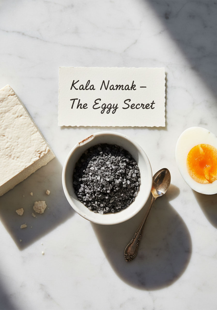 Kala namak black salt in small ceramic bowl – the secret ingredient that gives vegan tofu omelette its authentic eggy flavor