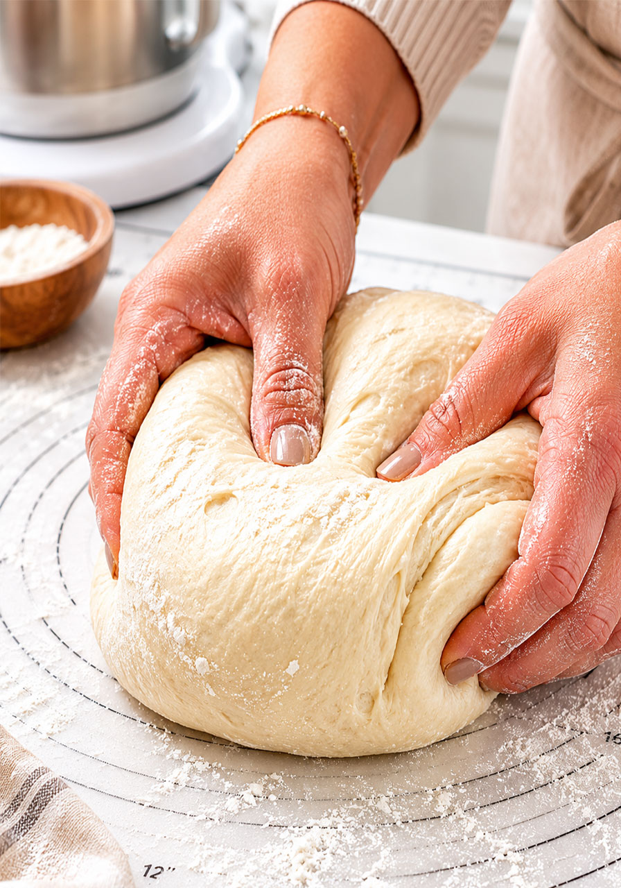 Hands kneading smooth vegan cinnamon roll dough on a floured baking mat
