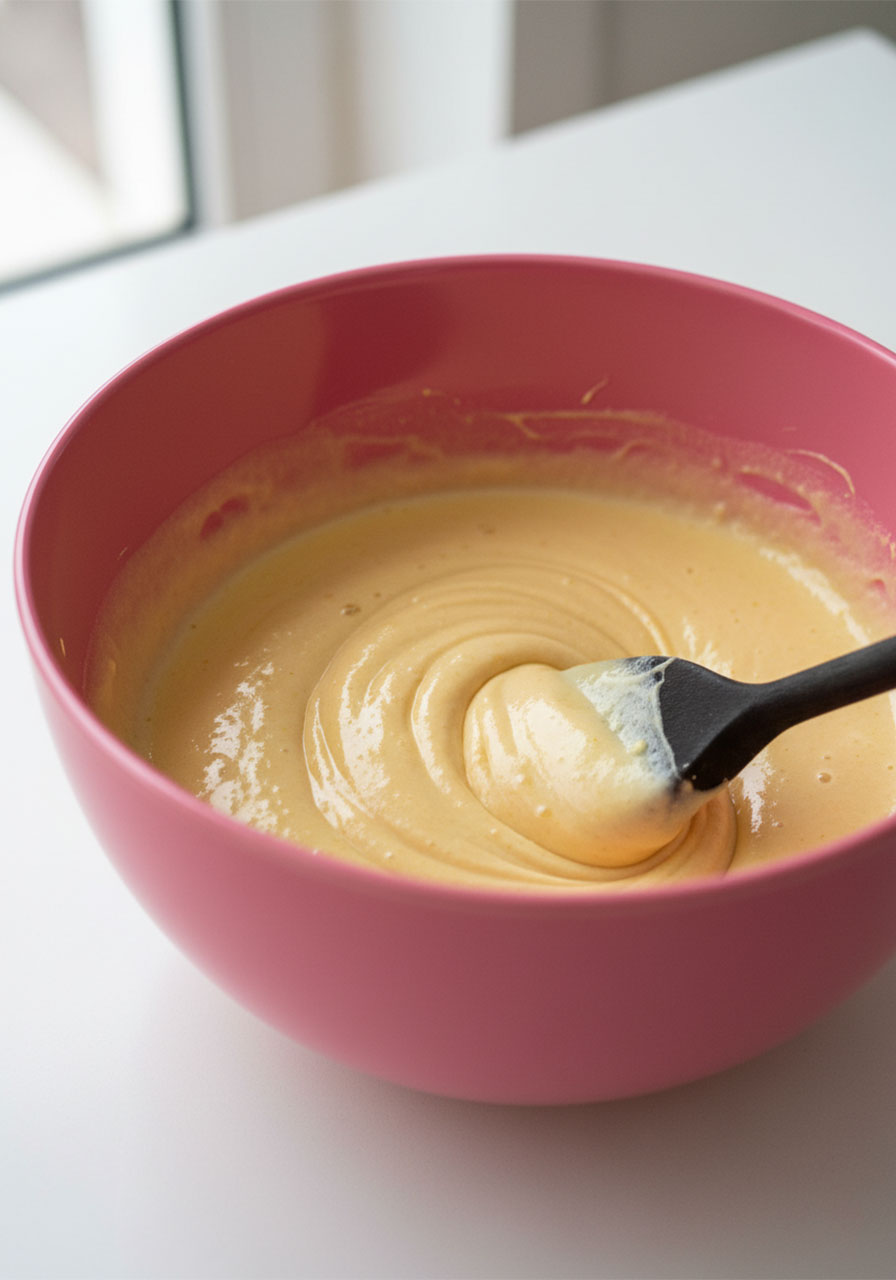 Thick pale yellow yachaejeon batter being mixed in a pink bowl with a black spoon showing smooth pourable consistency