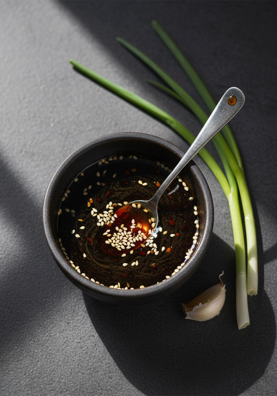 Savory Korean dipping sauce for Yachaejeon with soy sauce, sesame oil, and sesame seeds in a dark earthenware bowl