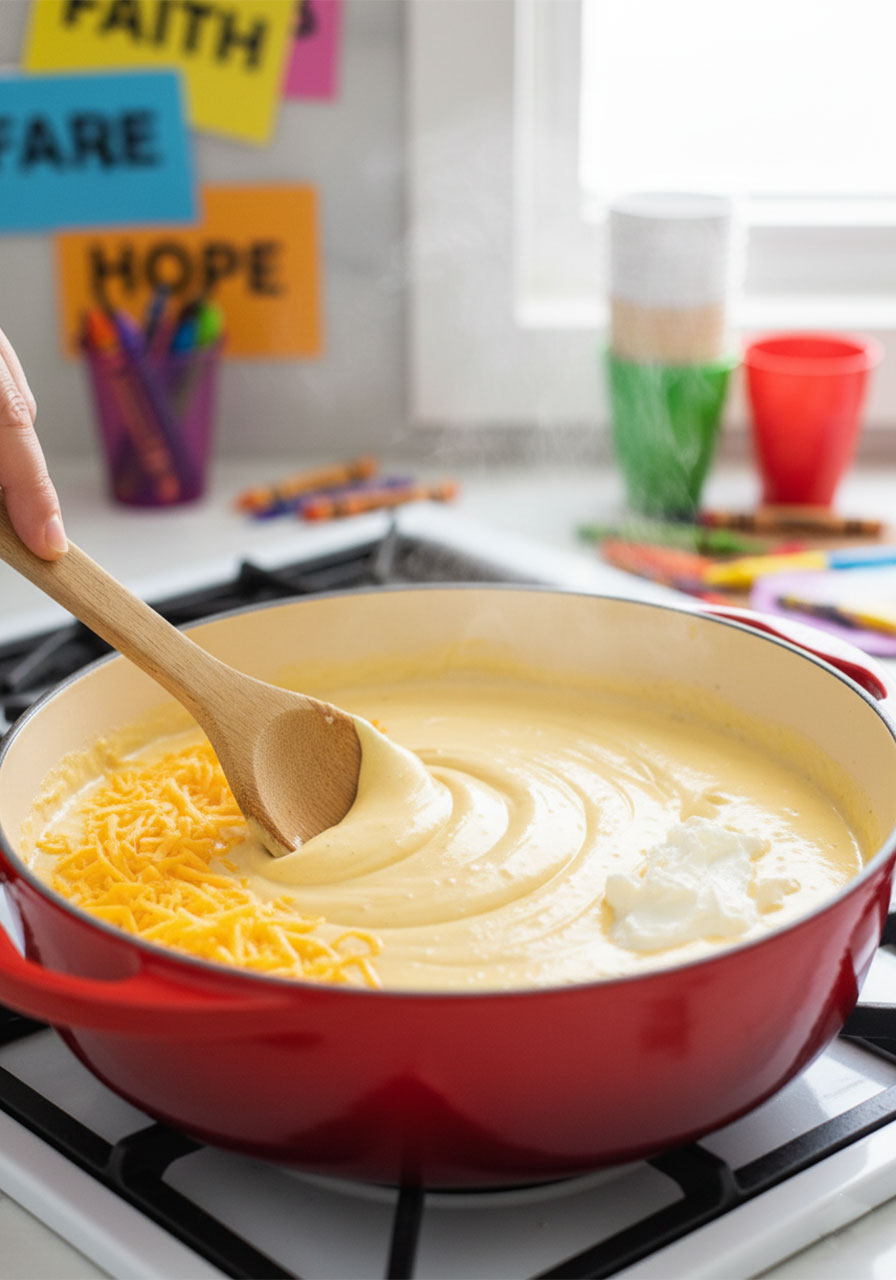 Creamy vegan cheese sauce being stirred in a red enamel casserole dish on the stovetop with cream cheese melting in