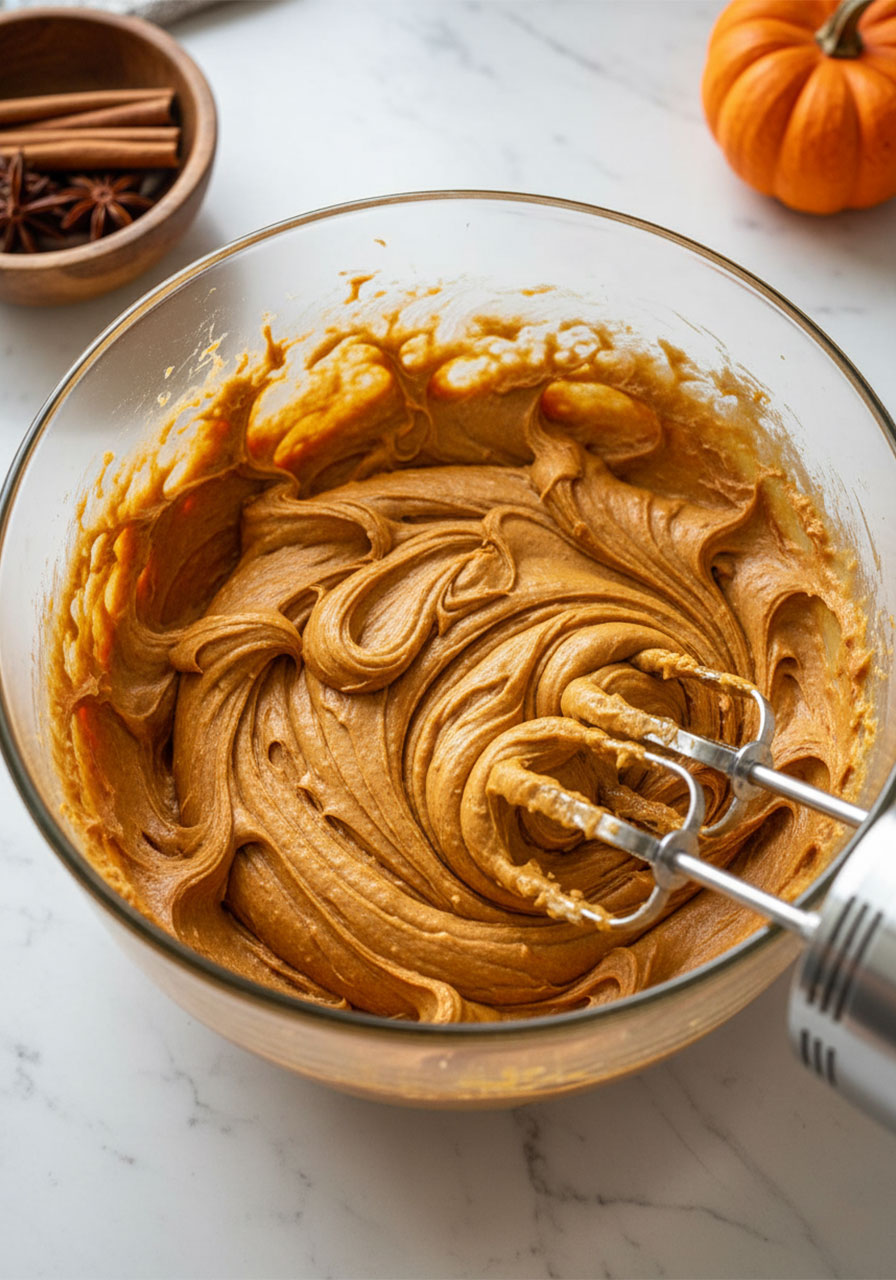 Thick vegan pumpkin cookie dough being creamed in a glass bowl with a hand mixer, one bowl recipe