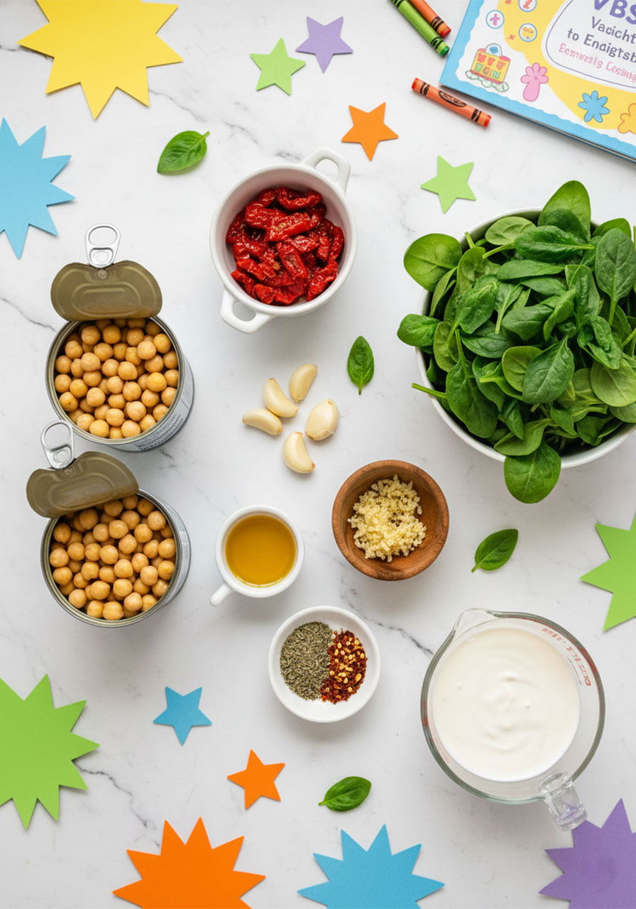 All ingredients for marry me chickpeas recipe laid out — chickpeas, sun-dried tomatoes, spinach, garlic, and vegan cream