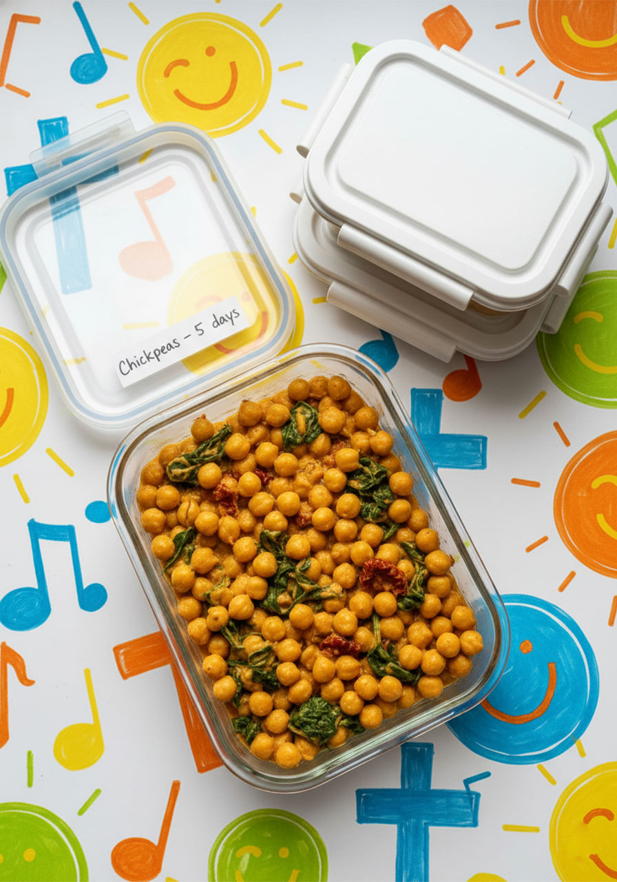 Marry me chickpeas stored in glass meal prep containers — keeps fresh for up to 5 days in the fridge