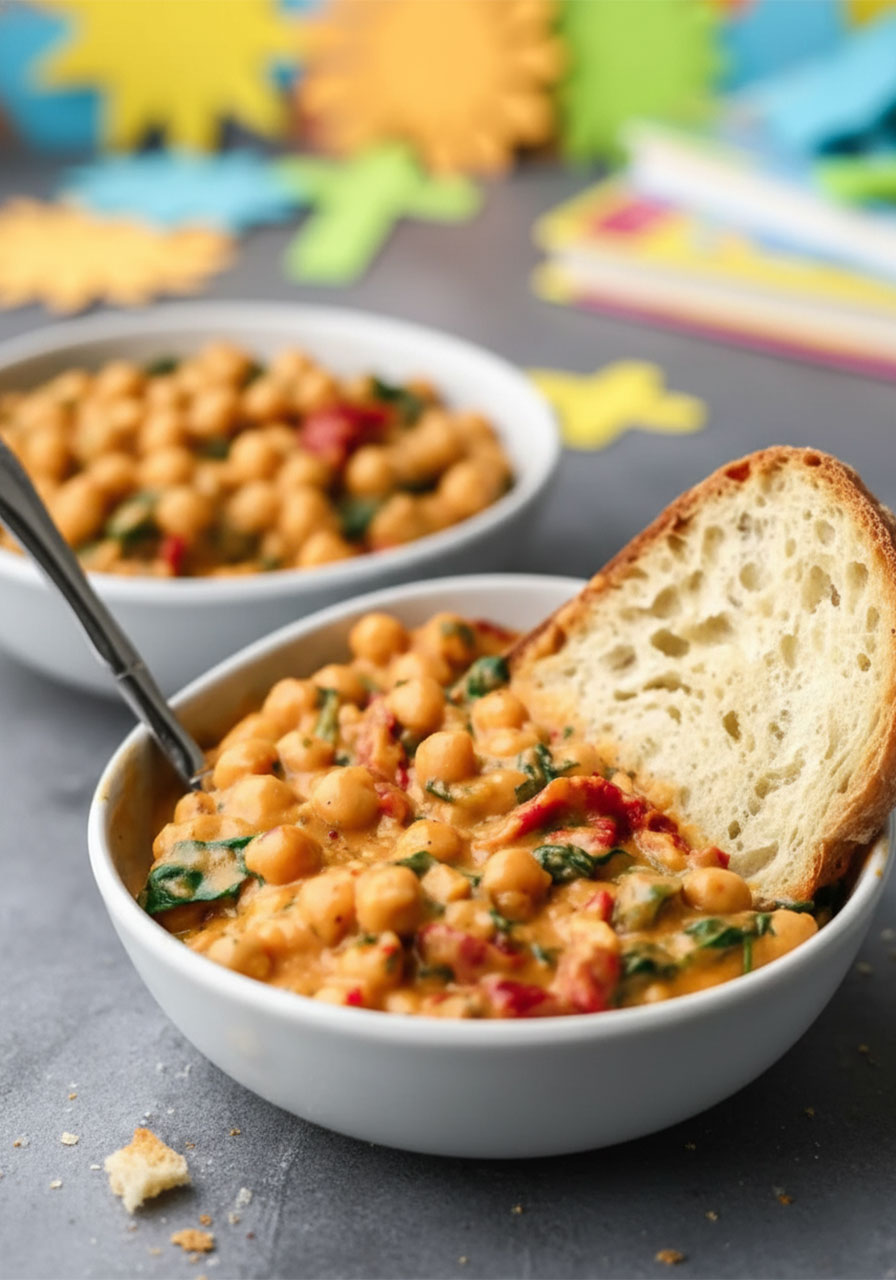 Adding fresh spinach and cream to chickpeas in a skillet during the marry me chickpeas cooking process