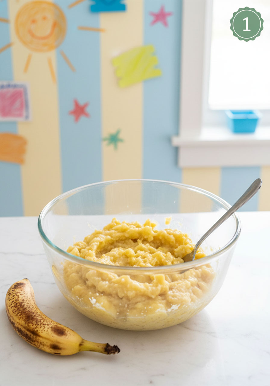 Mashing ripe overripe bananas in a glass bowl for vegan banana bread step 1