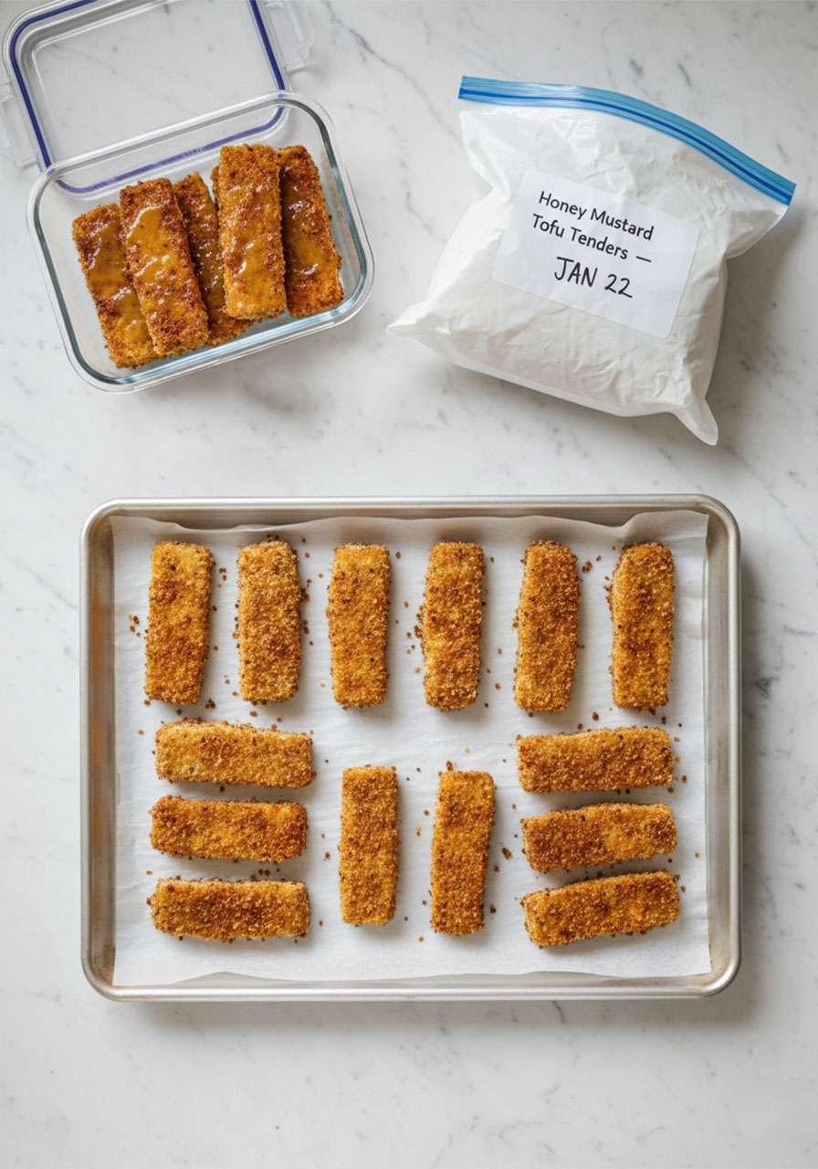 Meal prep flat lay showing unbaked honey mustard tofu tenders on freezer tray and airtight storage container for fridge