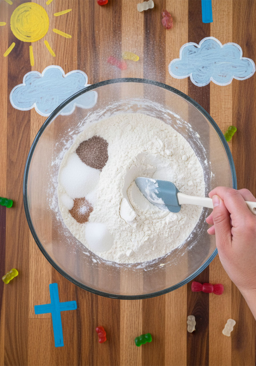 Overhead view of dry ingredients including flour sugar and baking soda being stirred in a glass bowl for banana bread