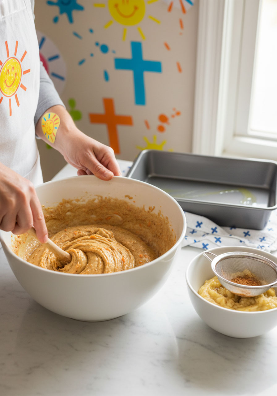 Hands mixing moist vegan carrot cake banana bread batter in a white ceramic bowl with a wooden spoon, showing thick batter consistency with visible carrot flecks