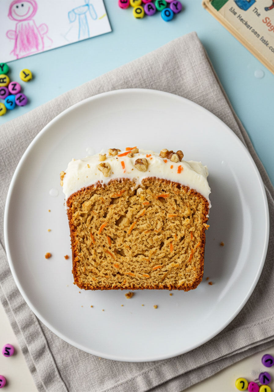 Close-up overhead view of a thick slice of moist vegan carrot cake banana bread showing golden crumb with carrot flecks and cream cheese frosting on top