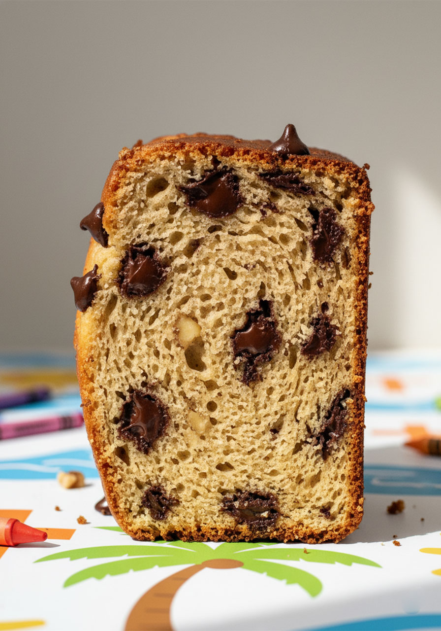 Close-up of a moist chocolate chip banana bread slice showing gooey melted chocolate pockets and tender crumb