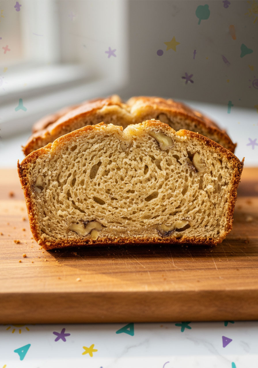 Close-up of moist golden crumb interior of vegan banana walnut bread with visible walnut pieces