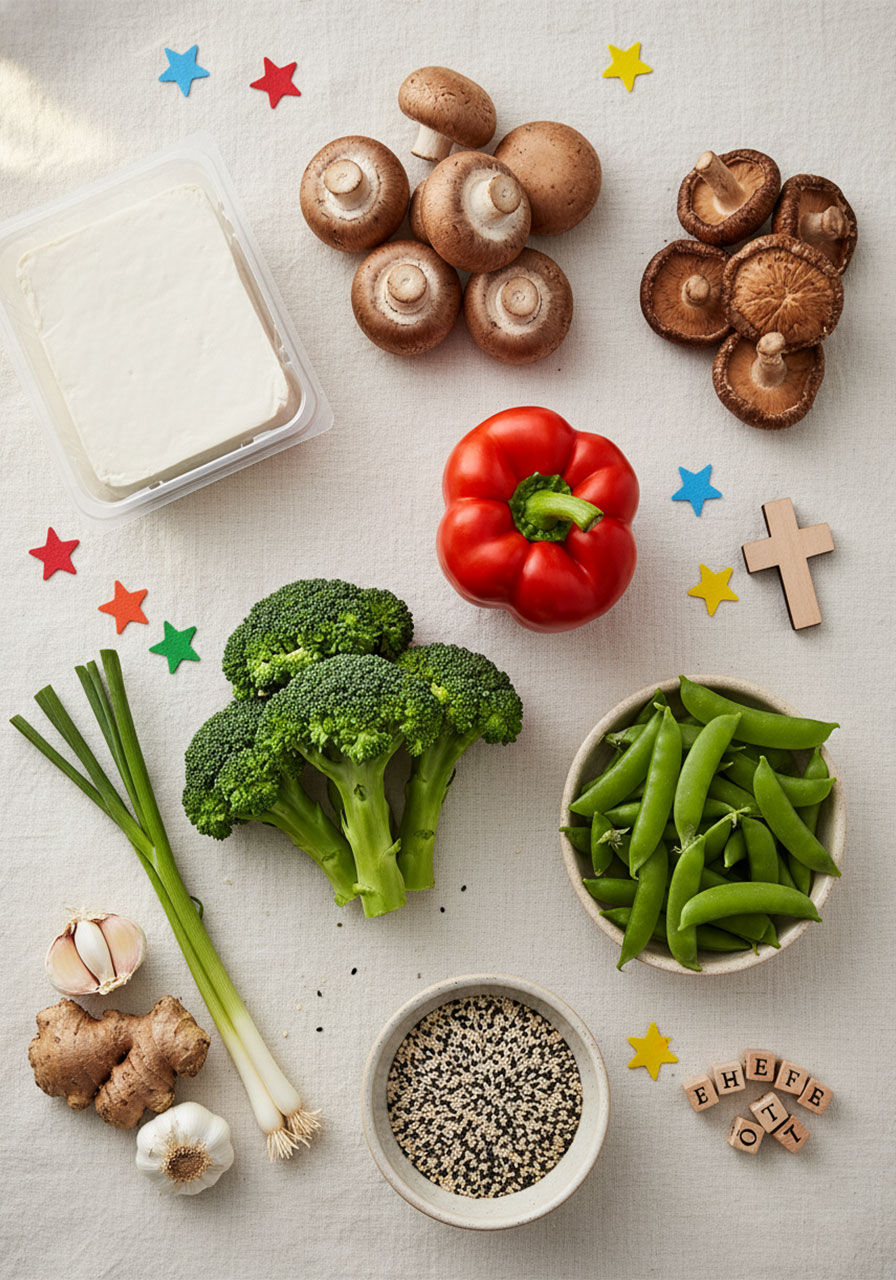 All ingredients for mushroom and tofu stir-fry including firm tofu, cremini mushrooms, broccoli, bell pepper, garlic, and ginger laid out flat