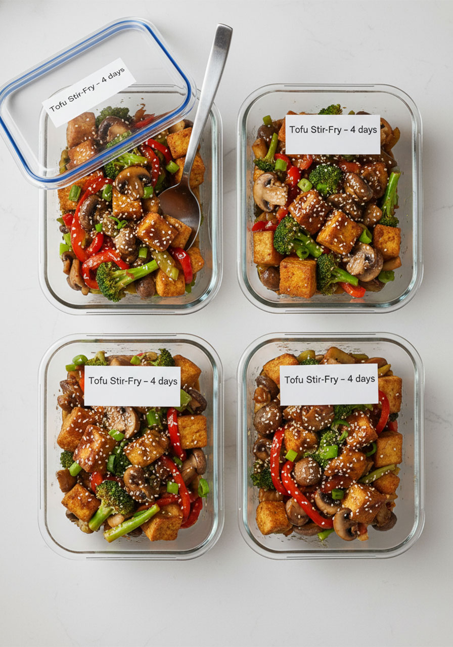 Four glass meal prep containers filled with mushroom tofu stir-fry for healthy weekly meal prep